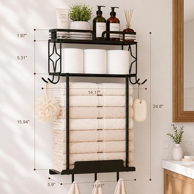 Towel Racks for Bathroom 23.8 Inch Wall Mounted Towel Rack with Shelf, Small Bathroom Towel Storage Holds 3–6 Large Rolled Towels, Metal Wall Towel Rack, Black