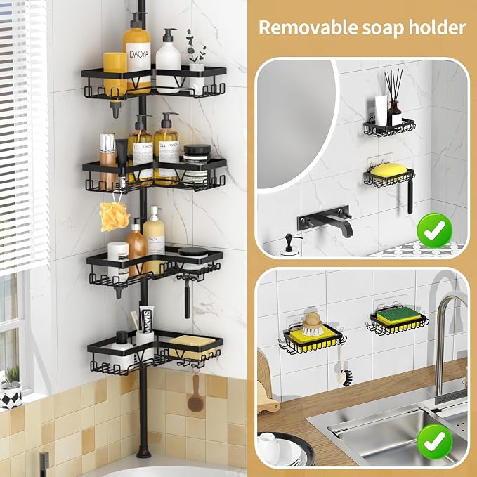 DAOYA Corner Shower Caddy - 4-Tier Shower Caddy Tension Pole with 2 Removable Soap holders Bathroom Shampoo Holder for Bathtub & Corner, Black, Floor to Ceiling 25-114.2 inch