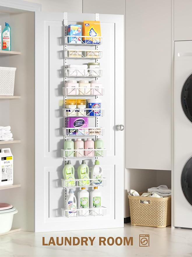 Delamu Narrow 9-Tier Over the Door Pantry Organizer, Adjustable Pantry Storage, Metal Hanging Spice Rack, Cabinet Door Organizer for Kitchen, Bathroom, Laundry Room, 12.5" White