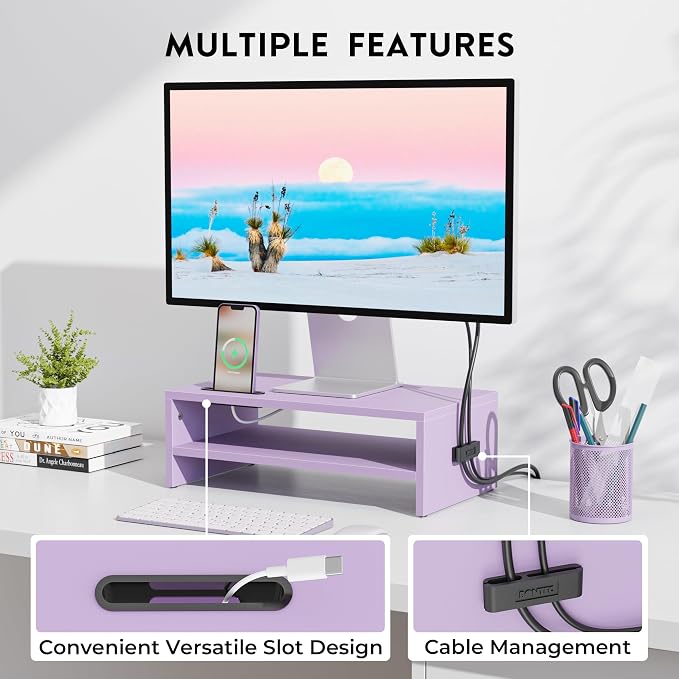 BONTEC Wooden Monitor Stand Riser for Desk, 2-Tier Computer Monitor Stand | 66 lbs Desk Shelf Organizer with Storage, Laptop & Printer Stand with Phone Holder and Cable Management, Purple, 16.5 Inch