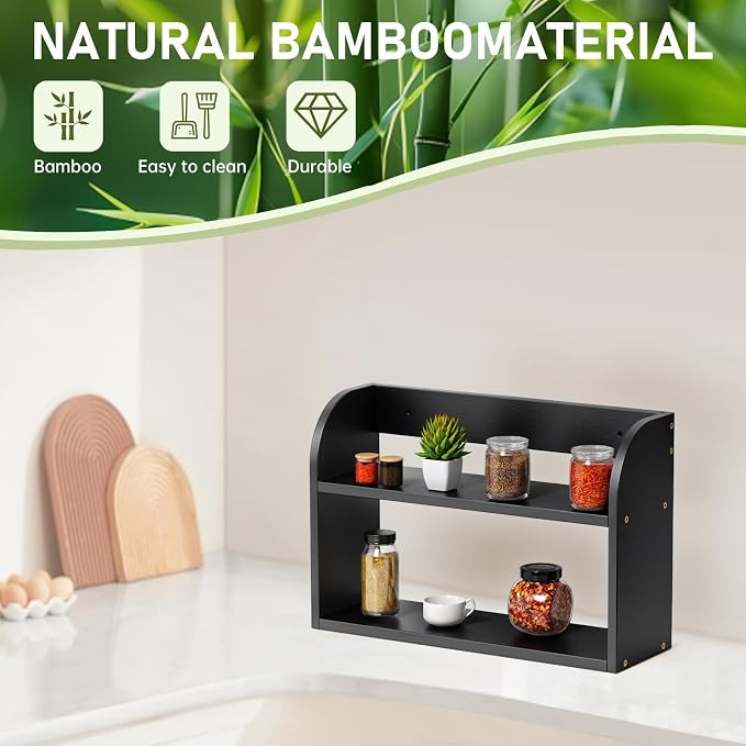 ROMGUAR CRAFT 2 Tier Bamboo Spice Rack, Countertop or Wall Mounting Wood Spice Jars Organizer Shelf for Kitche, Pantry (Black)