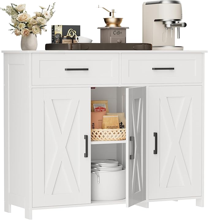 Homhedy Coffee Bar Storage Cabinet with Drawers, Kitchen Buffet Cabinet | Sideboard Cabinet with Doors, Farmhouse Buffet Cabinet, Adjustable Shelves, for Kitchen / Dining / Living Room, White