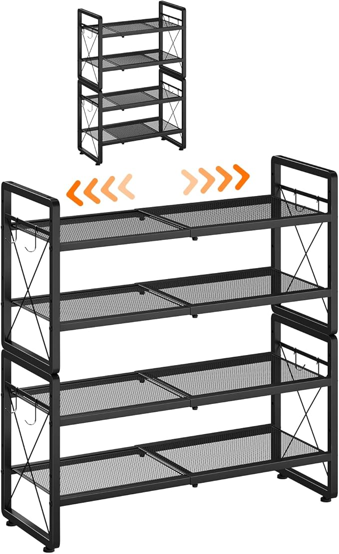ELYKEN Expandable Shoe Rack for Closet, 4-Tier Metal Black Shoe Organizer | Adjustable Height Shoe Shelf for Boots, Heels, with 8 Hooks, Stackable Shoe Stand Holder for Entryway, Garage, Door Entrance