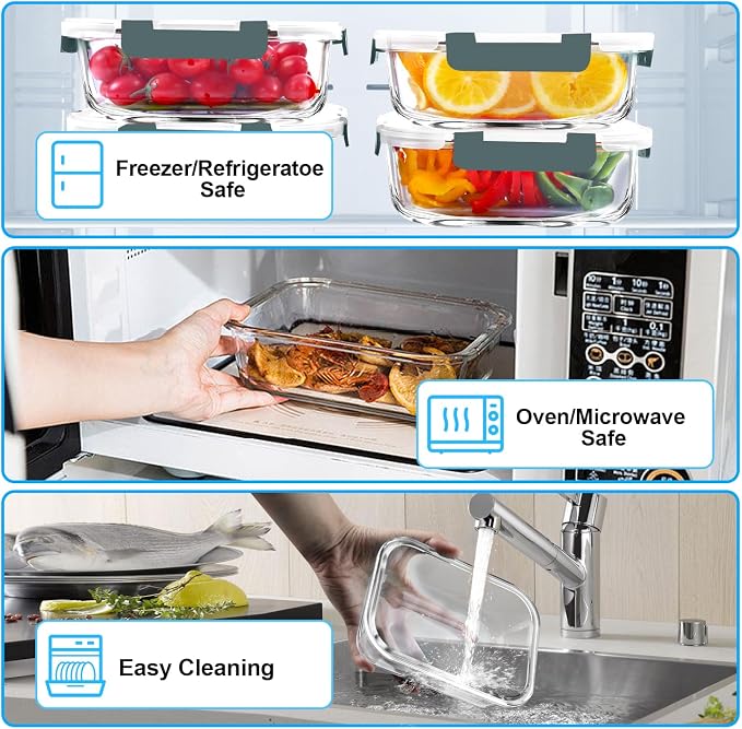 VERONES 5 PACK 36 OZ Glass Meal Prep Containers Set with Lids, Grey | Airtight Glass Lunch Containers Set, Food Storage Containers with Lids, for Microwave, Oven, Freezer & Dishwasher Friendly