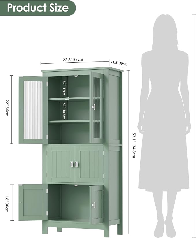 Akxomel 53.1" H Tall Bathroom Storage Cabinet, Bathroom Floor Cabinet with 6 Doors and Adjustable Shlef, Linen Cabinet, Pantry Cabinet for Living Room, Kitchen, Entryway, Green