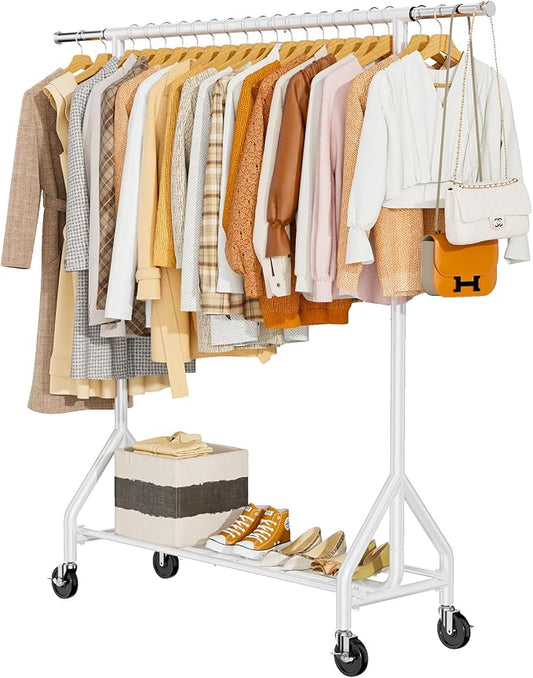 HYSEYY Heavy Duty Clothes Rack Load 450 LBS, Metal Garment Rack, Standing Rolling Clothing Rack for Hanging Clothes with Sturdy Wheels & Shelves, Portable Closet Wardrobe Rack,White