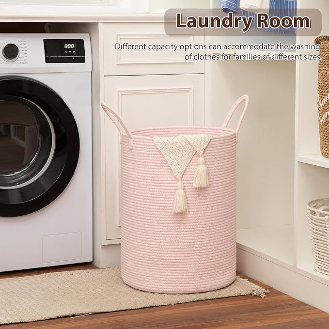 OIAHOMY Large Laundry Basket Hamper - 80L Cotton Rope Woven Basket for Blankets, Toys, Clothes - Tall Decorative Nursery Hamper with Long Handles, Pink