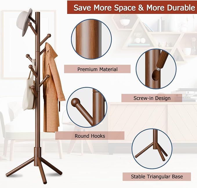 8-Hook Freestanding Coat Rack 3 Heights Safe Round Tips Brown | Smooth Round Tips Prevent Slipping,Tool-Free Assembly,Holds Clothes Hats Handbags,Ideal for Entryway Bedroom Hallway Office