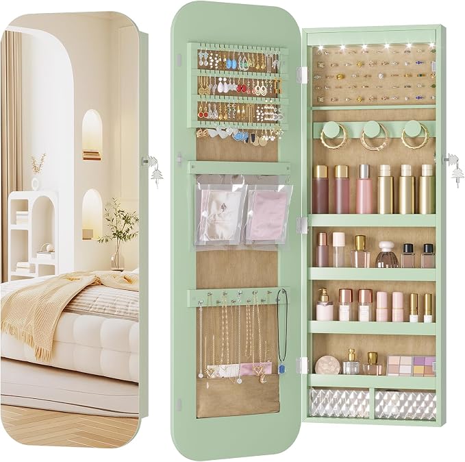 6 LEDs Mirror Jewelry Cabinet Door Hanging, 42.5", Lockable, Green | Jewelry Organizer with Full Length Mirror, Wall Mounted Large Jewelry Storage for Earrings, Rings, Necklaces