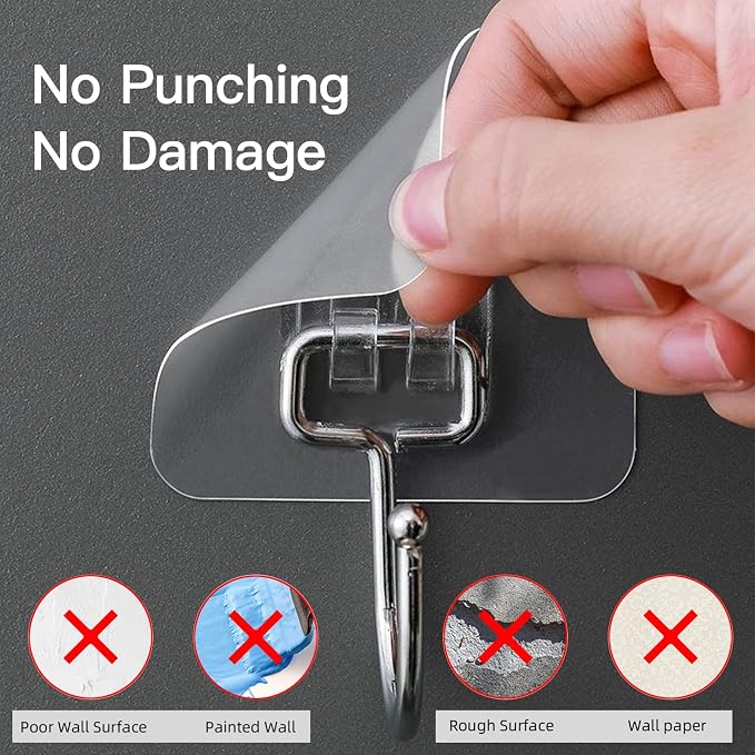 Large Adhesive Hooks for Hanging Heavy-Duty 44Ib(Max) 30 Packs, Wall Hangers without Nails Self-Adhesive Traceless Clear and Removable, Waterproof and Rustproof Multiple Uses for Bathroom Kitchen Home