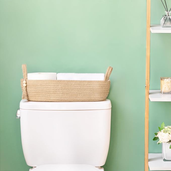 Mkono Toilet Paper Basket, Boho Bathroom Decor, Small Storage Organizer | Brown, 15.7"L x 6"W, Back of Toilet Basket, Decorative Woven Tray with Handles, Space-Saving, Living Room Bedroom, 1 Pack