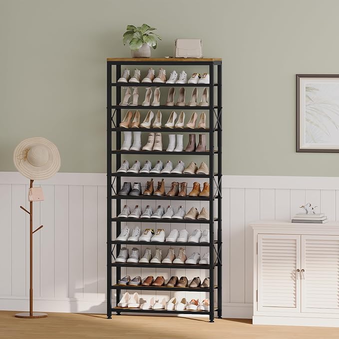 12-Tier Tall Shoe Rack Organizer, Wooden Shoe Storage for Closet Holds 48 Pairs, Sturdy Shoe Shelf with X-Shaped Metal Support, for Entryway, Bedroom, Rustic Brown and Black SS212BR