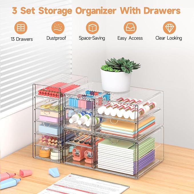 DOMNIU Acrylic Makeup Drawer Storage Organizer with 13 Drawers, 3 Set | Office Desk Organization and Storage, Dustproof Drawer Organizer for Makeup, Countertop, Jewelry, Desktop, Bathroom, Bedroom