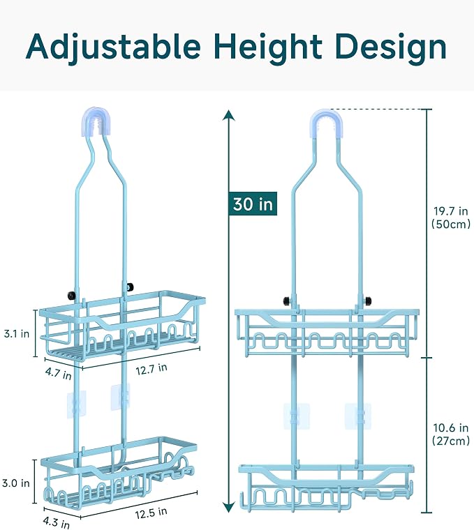 Upgraded Extended Length Shower Organizer with Hooks, Rustproof Shampoo Soap Holder, Large Hanging Bathroom Caddy, Blue