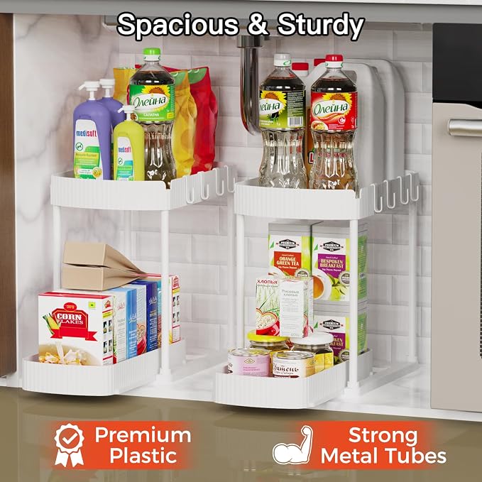 Ukeetap 2 Pack Multi-Purpose Pull-Out Storage Organizers, Under Sink Organizers and Storage for Bathroom & Kitchen, Under Cabinet Organizers and storage, 14.8 Inch, White