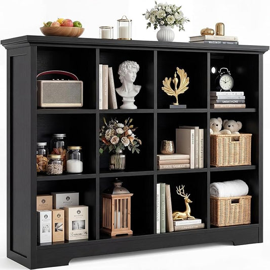 Aheaplus Wooden 12-Cube Storage Organizer with Charging Ports, Modern Cube Bookcase with Base, 4-Tier Floor Standing Open Cubbies Bookshelf, Cubicle Display Shelf for Home and Office, Black