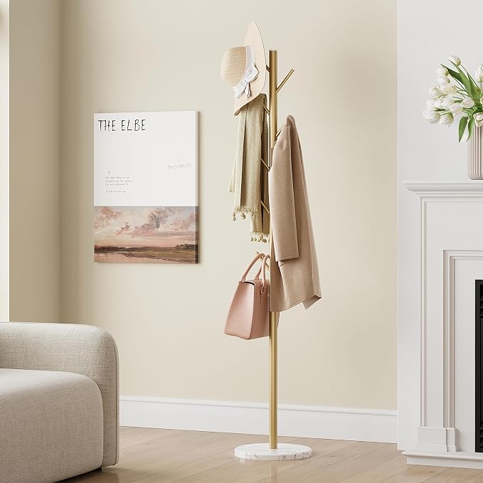 Coat Rack Freestanding, Metal Coat Rack with Natural Marble Base, Gold | 10 Hooks, 3 Adjustable Heights, Heavy Duty Coat Tree for Bags, Clothes, and Hats for Entryway, Bedroom, Hallway, Office