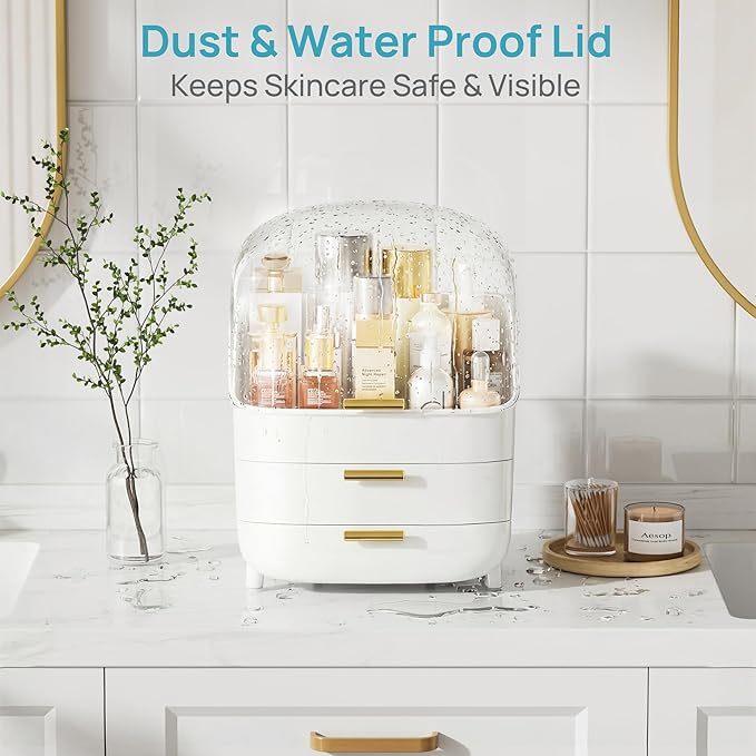 Vtopmart 3-Tier Skincare Makeup Organizer with Drawer and LId, White | With Drawers and Lid, For Vanity, Dresser and Bathroom Countertop, Large Cosmetic Storage Box Case, Non-Slip Base