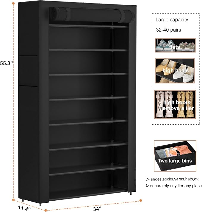 OYREL Shoe Rack Storage Cabinet with Dustproof Cover Two Boxes | 32 Pairs Tall Shoe Organizer Shelf for Closet Large Free Standing Shoe Rack Vertical Shoe Holder Stand