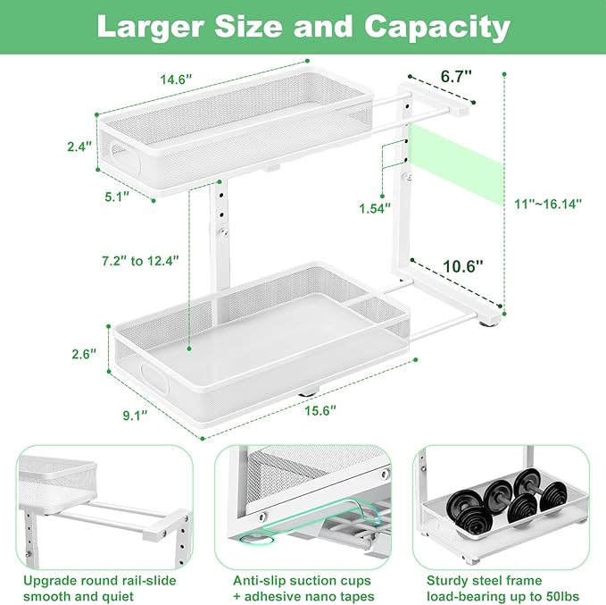 Under Sink Organizer, High Adjustable 2 Tier Under Sink Organizers and Storage, Slide out Metal Cabinet Organizers, Pull out Storage Drawer Shelf for Kitchen Bathroom Cabinet (White-1 pack)