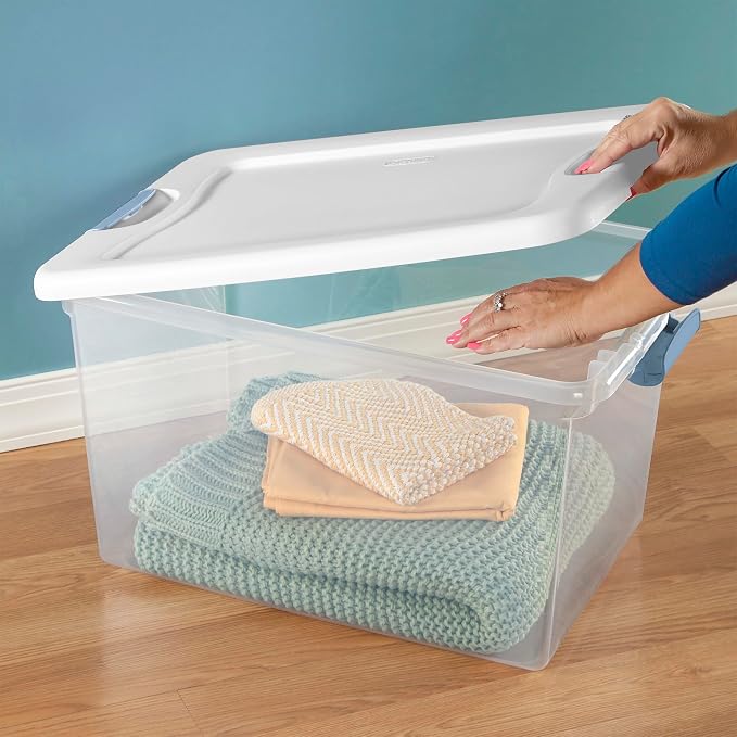 Sterilite 18-Pack Latching Box, Under Bed Storage Bins with Lids, Clear Plastic, 64 Quart - Heavy-Duty Organizing Containers for Closet, Bathroom, and Office
