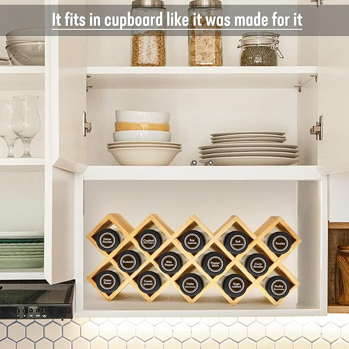 Bamboo Criss Cross Spice Rack Organizer for Cabinet, Wood Seasoning Rack Spice Holder, 18-Jar Spice Rack Tower Spice Storage for Kitchen Countertop Drawer-Jars Not Included