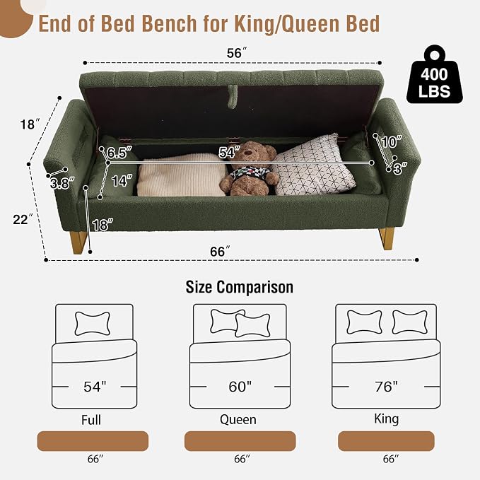 66" Storage Bench for Bedroom Upholstered End of Bed Bench King Size Green | Long Bedroom Benches for Foot of Bed King,Teddy Storage Bed Bench with Gold Legs,2 Pillows for Entryway Windows Cloakroom