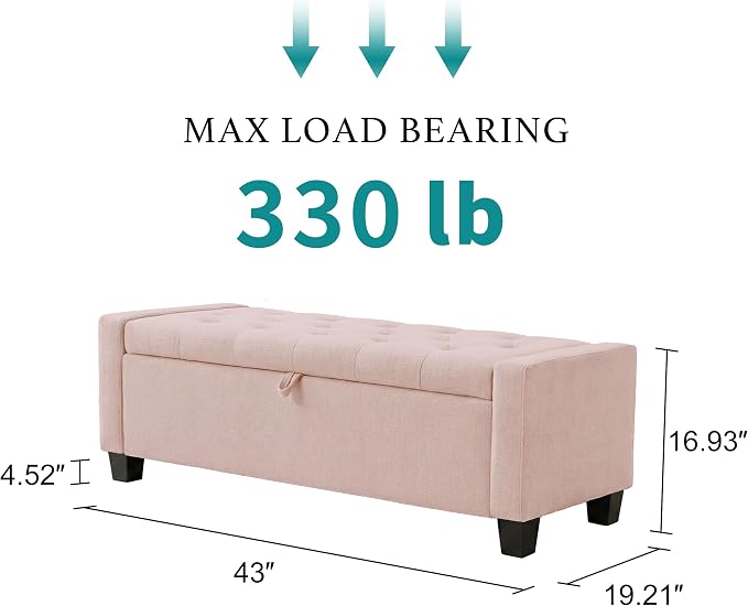 Huatean Home 43" Ottoman with Storage, Pink Storage Ottoman Bench | Upholstered Entryway Bench with Seating for Bedroom, Living Room with Safety Hinge, Holds up to 330 lb