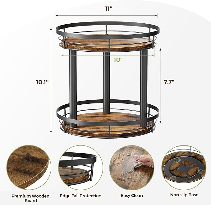 LAMU 10'' Wood Lazy Susan Spice Rack Organizer, 2 Tier Spice Organization for Cabinet, Countertop, Kitchen, Table Top, Pantry, Condiment and Seasoning Rack Organizer
