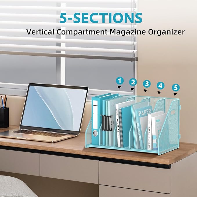 Binder Organizer, Magazine File Holder with 5 Vertical Rack, Blue | Metal Desk File Organizer & Binder Holders, Magazine Organizers for Office Desktop, Home, School, Classroom