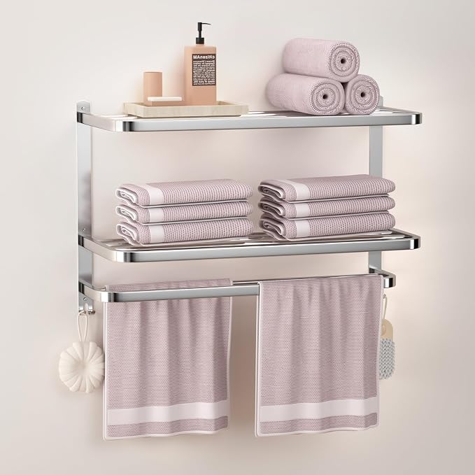 23 Inches 3-Tier Towel Racks for Bathroom with Towel Bars Multilayer Hotel Towel Shelf Stainless Steel Wall-Mounted Brushed Finish Holder with Towel Shelves