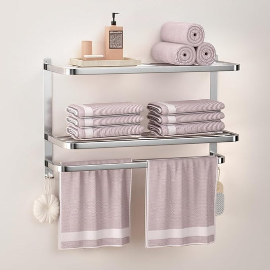 23 Inches 3-Tier Towel Racks for Bathroom with Towel Bars Multilayer Hotel Towel Shelf Stainless Steel Wall-Mounted Brushed Finish Holder with Towel Shelves