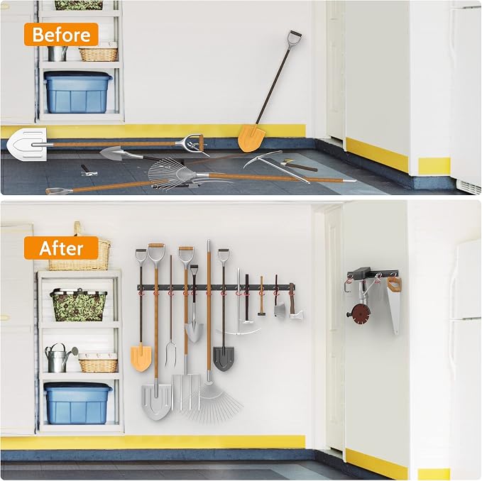 WALMANN All Metal 64 inch Wall Mount Garden Tool Organizer for Garage | Mop and Broom Holder, Yard Tool Storage Rack for Rake, Shovel, Spade, Mop, Broom(4 Rails, 16 Hooks)