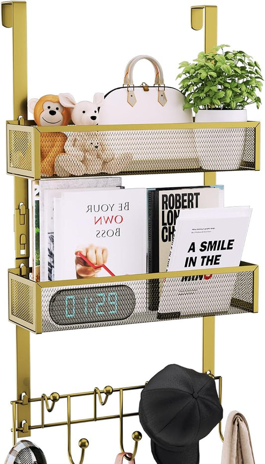 Consumest Over The Door Hooks Organizer - 3 Tier Door Hanger with 9 Coat Hooks & 2 Mesh Basket, Back Storage Organizer Hanging Towels for Bathroom, Bedroom, Gold