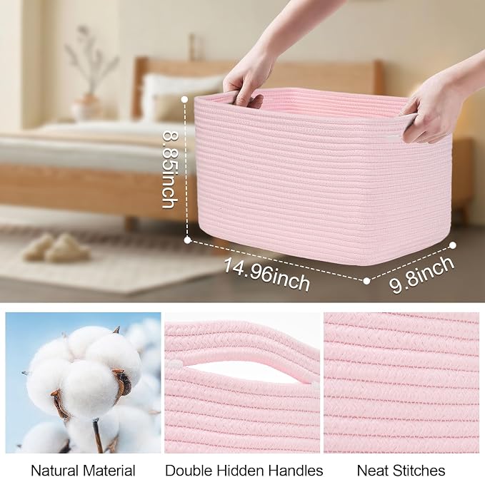 Baskets for Organizing,Storage Baskets,3 Pack Baskets for Shelfves,15"×10"×9" Woven Pink Basket,toy storage bins,bins for organization