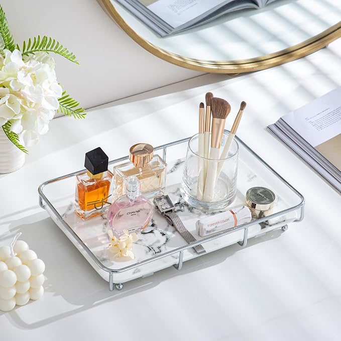 Dobbyby Vanity Tray Makeup Organizer Cosmetics Storage Bathroom Skincare Organizer Countertop Display Rack in Dresser Stainless Steel Shelf Marble Print Ceramic Trays