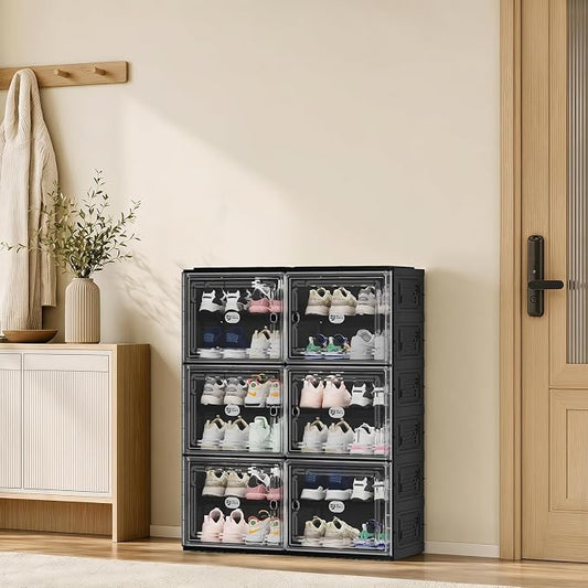 Foldable Shoe Cabinet with Magnetic Clear Doors, Wide Design Shoe Rack for Entryway, Portable Shoe Organizer Meeting Diverse Storage Needs (Black, 2Row 6Tier)
