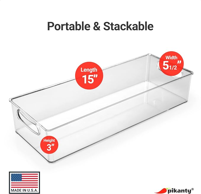Pikanty Clear Refrigerator Organizer Bin with Handles — 15 Inch Stackable Fridge and Pantry Storage Container for Snacks, Produce, Cans, Yogurt, Condiments, Dishwasher and Freezer Safe, Made in USA