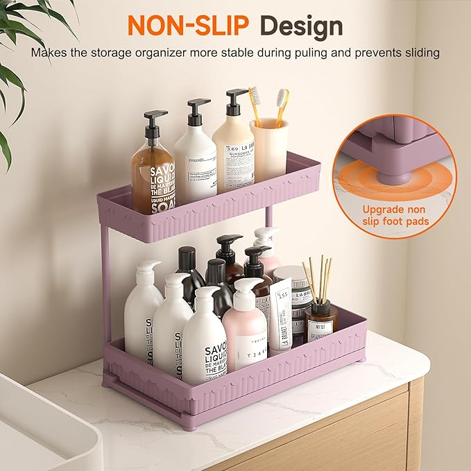 Sevenblue 3-Pack 2-Tier L-Shaped Under Sink Organizers with Sliding Drawers | Multi-use kitchen & bathroom storage, 14.85 inch pink cabinet organizer, space-saving sliding drawer design.