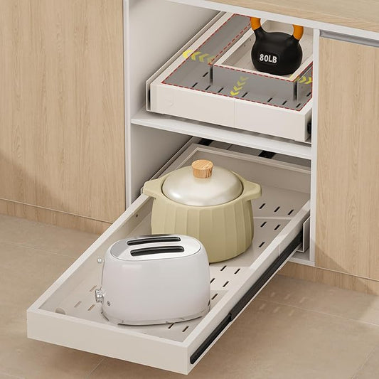 Pull out Cabinet Organizer,Width (11"-17") and Depth (25"-32") Expandable With 3 Rails,No Drill Adjustable Slide out Drawers for Kitchen,Pantry,Adhesive Roll out Shelves,for Cabinets Without Lip,White