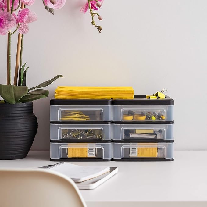 IRIS USA 2-Pack, 3-Drawer Small Plastic Stacking Desktop Organizer, Black | Organize office supplies, stationery, makeup, craft materials and everyday essentials for neat desktop storage