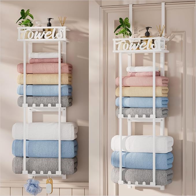 HapiRm Towel Rack Bathroom Storage - 3 Tier Over The Door & Wall Mounted Rolled Towel Racks Holder Organizer with Metal Shelf and 6 Hooks for Small Bathroom, Camper, Rv - White