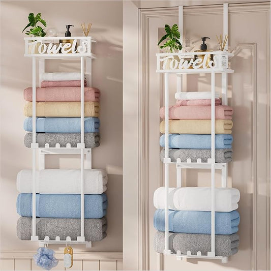 HapiRm Towel Rack Bathroom Storage - 3 Tier Over The Door & Wall Mounted Rolled Towel Racks Holder Organizer with Metal Shelf and 6 Hooks for Small Bathroom, Camper, Rv - White