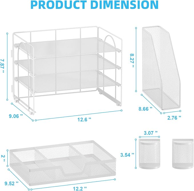 Marbrasse 4-Tier Paper Tray Organizer with Drawer and Pen Holder, White | Metal Mesh Desk Organizer, Built-in Drawer & 2 Pen Slots, fits letters/Files, for School Home Office Supplies