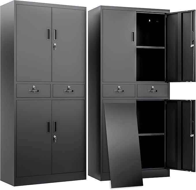 BESFUR Metal Storage Cabinet with 2 Drawers 4 Doors and 2 Adjustable Shelves Garage Storage Cabinet with Lock 71" Office Storage Cabinets Locking Cabinets for Garage Office Shop Home (Black)