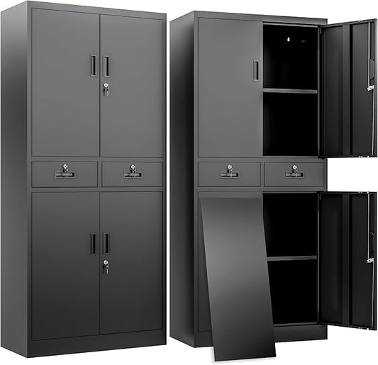 BESFUR Metal Storage Cabinet with 2 Drawers 4 Doors and 2 Adjustable Shelves Garage Storage Cabinet with Lock 71" Office Storage Cabinets Locking Cabinets for Garage Office Shop Home (Black)