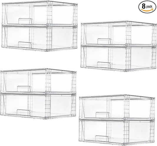 Vtopmart 8 Pack Large Clear Stackable Storage Drawers | Easily Assemble Bathroom Closet Undersink Organizers,Plastic Bins for Cabinet,Kitchen Pantry,Medicine Organization