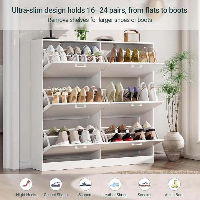 Shoe Cabinet with 6 Flip Drawers, Narrow Freestanding Shoe Organizer, Hidden Slim Shoe Storage Cabinet for Entryway, Hallway, Living Room, White