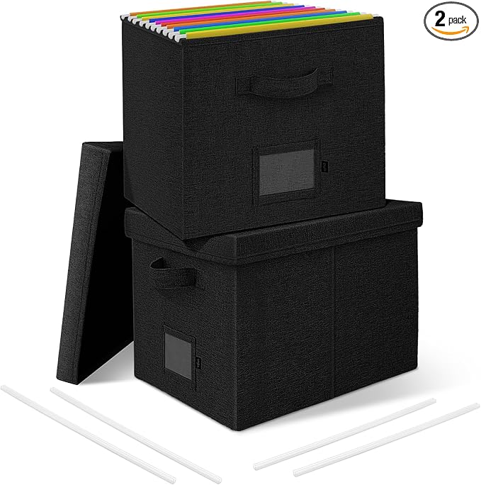 File Organizer Boxes with Lid, Linen Hanging File Storage Boxes with Handle, Collapsible Document Filling Boxes for Letter/Legal Folder, Portable File Box for Office/Decor/Home (2 Pack, Black)