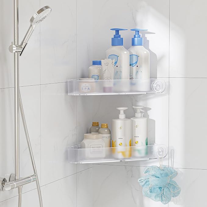 Sotfamily Plastic Shower Caddy Corner (for 90° Only), 2 Pack, Frosted Clear | Adhesive Corner Shower Shelves for Bathroom Organizers and Storage, Bathroom Decor, No Drill, Rust Free
